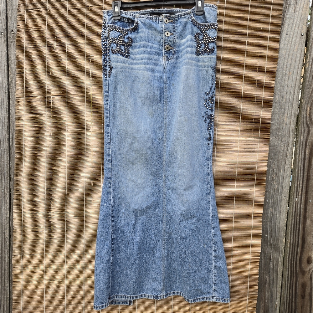 Y2K Express Jeans Studded Button Fly light faded denim maxi skirt 7/8
